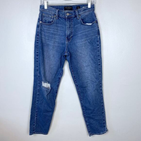 Lucky Brand High‎ Rise Mom Jean Drew Medium Wash Cotton Blend Distressed Size 2 - Picture 1 of 9